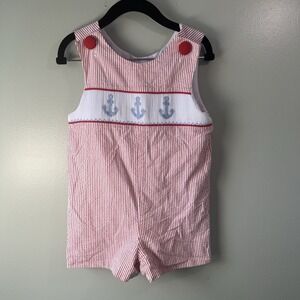 Southern Tots Red and White striped Romper w blue anchor smocking, size 18 month